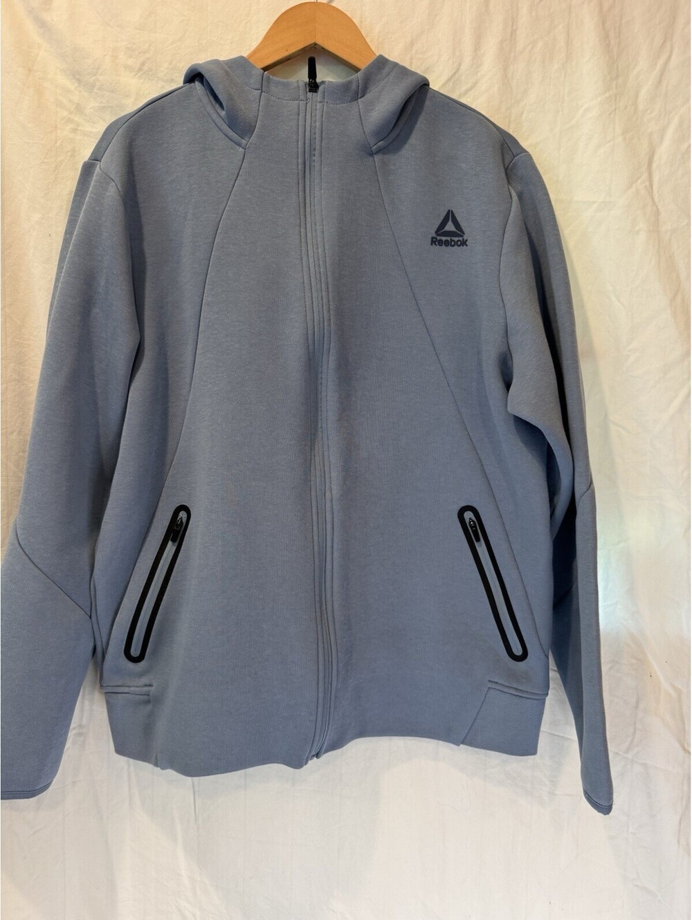 Reebok Men's Blue Solid Knit Polyester Full Zip Hooded Hoodie Pockets L